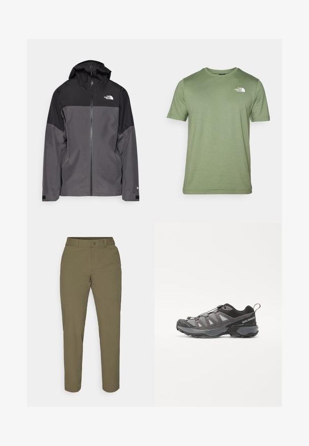 Siva vodootporna jakna s crnim gornjim dijelom, s patentnim zatvaračem sprijeda, podesivim kapuljačom i elastičnim manžetama. Ima logo na prsima i rukavu.; Maslinasto zelena majica kratkih rukava od mekog materijala. Ima okrugli izrez i bijeli logo na lijevoj strani prsnog koša. Glatka tekstura kroz cijelu majicu.; Maslinasto zelene hlače od laganog materijala, s ravnim krojem, standardnim pojasom s kopčanjem na dugme i bez vidljivih uzoraka.; Sportska obuća s aerodinamičnim dizajnom, sivi sintetički gornji dio s mrežastim panelima, crni akcenti i gumeni potplat s izraženom vučom.