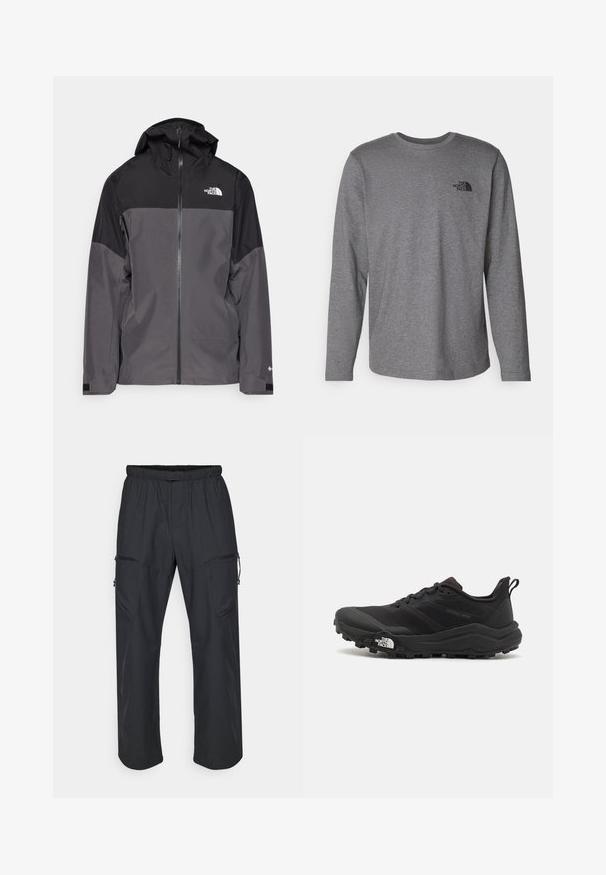 Harmaa vedenpitävä takki, jossa on musta yläosa, vetoketjullinen etuosa, säädettävä huppu ja joustavat hihansuut. Rinnassa ja hihassa on logo.; The North Face M L/S SIMPLE DOME TEE - Pitkähihainen paita - medium grey heather; Mustat cargo-housut, joissa on elastinen vyötärö, kaksi vetoketjullista taskua ja kevyt, sileä kangas.; Musta maastojuoksukengät, joissa on teksturoitu päällinen, kumipohja ja vahvistettu varvastoppia. Varusteena pehmustettu nilkkakappale ja vetotappi helppoa pukemista varten.