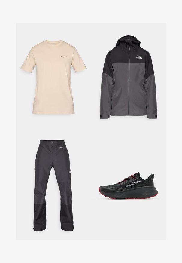 Siva vodoodbojna jakna z črnim zgornjim delom, zadrgo spredaj, nastavljivo kapuco in elastičnimi manšetami. Ima logotip na prsih in rokavih.; Bež majica s kratkimi rokavi iz bombaža, z majhnim črnim logotipom Columbia na levem prsnem predelu. Standardna zasnova okrogle ovratnice.; Črne vodoodporne hlače z gladko teksturo, z logotipom GORE-TEX spredaj in okrepjenimi spodnjimi nogami za povečano vzdržljivost.; Črne atletske čevlje s teksturiranim zgornjim delom, rdečimi vezalkami in logotipom. Debel podplat s patternom za boljši oprijem. Minimalistična zasnova, stranski pogled.