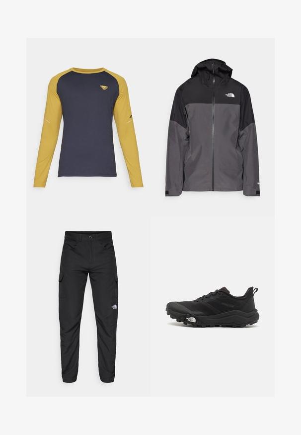 Grå vattentät jacka med svart övre del, dragkedja fram, justerbar huva och elastiska ärmslut. Har logotyp på bröstet och ärmen.; Dynafit ALPINE svart; The North Face HORIZON PANT - Friluftsbyxor - black; Svart terränglöparsko med en strukturerad ovandel, gummisula och förstärkt tåhätta. Har en vadderad krage och en dragflik för enkel påtagning.