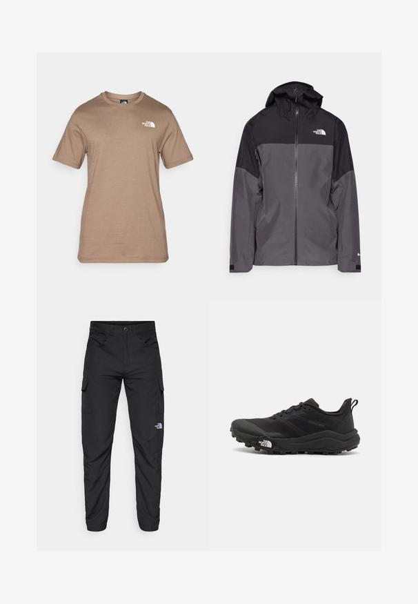 Siva vodoodbojna jakna z črnim zgornjim delom, zadrgo spredaj, nastavljivo kapuco in elastičnimi manšetami. Ima logotip na prsih in rokavih.; Majica s kratkimi rokavi iz svetlo rjavega bombaža z majhnim belim logotipom na prsih. Klasičen kroj s krožnim vratnim izrezom, gladka tekstura in standardna prileganje.; The North Face HORIZON PANT - Hlače za na prostem - black; Črne tekaške čevlje za trail s teksturirano zgornjega dela, gumijastim podplatom in ojačanim zaključkom prstov. Vključuje oblazinjen ovratnik in zanko za enostavno obuvanje.