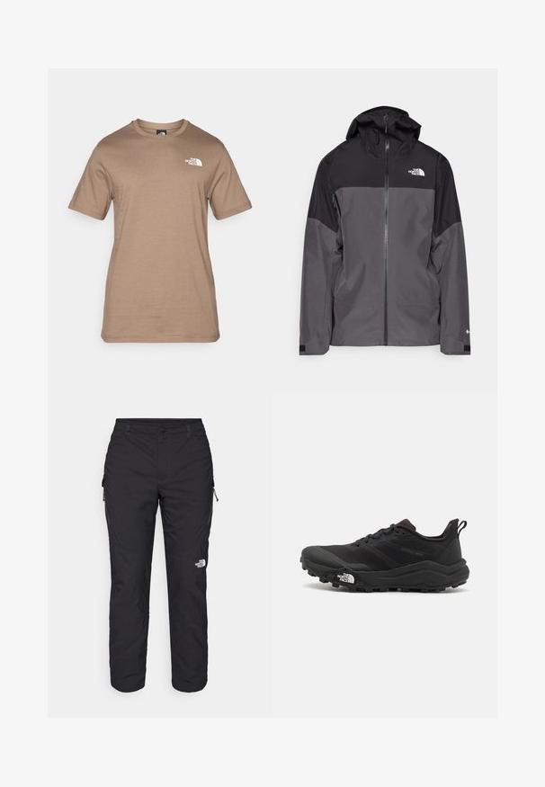 Siva vodootporna jakna s crnim gornjim dijelom, s patentnim zatvaračem sprijeda, podesivim kapuljačom i elastičnim manžetama. Ima logo na prsima i rukavu.; Kratki rukavi, svijetlosmeđa pamučna majica s malim bijelim logom na prsima. Klasičan okrugli izrez, glatka tekstura i standardni kroj.; The North Face WINTER EXPLORATION TAPERED CARGO - Hlače za otvoreno - black; Crne trail trkačke cipele s teksturiranim gornjim dijelom, gumeni potplat i ojačana zaštita za prste. Imaju podstavljen ovratnik i trakicu za lakše obuvanje.