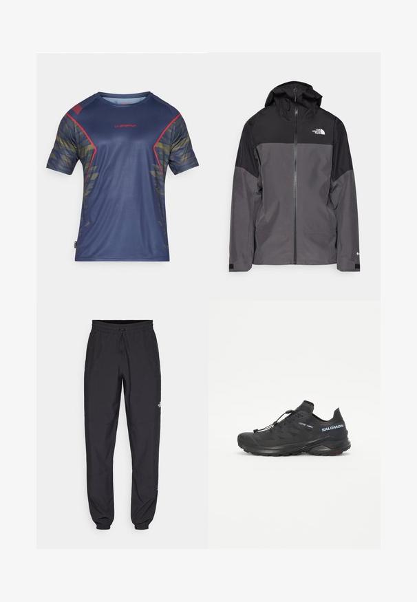 Pelēks ūdensnecaurlaidīgs mētelis ar melnu augšējo daļu, ar rāvējslēdzēja priekšpusi, regulējamu kapuci un elastīgām aprocēm. Iekļauj logotipu uz krūtīm un piedurknēm.; Kreklu ar īsām piedurknēm, tumši zils sportiskais krekls ar sarkaniem akcentiem un ģeometrisku rakstu zaļā un dzeltenā krāsā. Izgatavots no mitrumu izvadoša auduma.; Melni sporta bikses, kas izgatavotas no viegla auduma, ar savelcamu jostu, sānu kabatām un sašaurinātiem apakšējiem galiem pie potītēm.; Melna taku skriešanas apava ar teksturētu augšdaļu, elastīgām auklām un Contagrip zoli. Iekļauj ciešu piegulšanu un aizsargājošu pirkstu daļu.