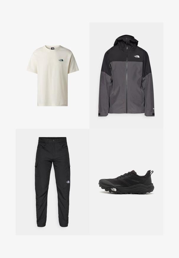 Gray waterproof jacket with a black upper section, zippered front, adjustable hood, and elastic cuffs. Features logo on chest and sleeve.; White short-sleeve crewneck T-shirt with The North Face logo in black on the left chest.; The North Face HORIZON PANT - Outdoor trousers - black; Black trail running shoe with a textured upper, rubber sole, and reinforced toe cap. Features a padded collar and pull tab for easy wear.