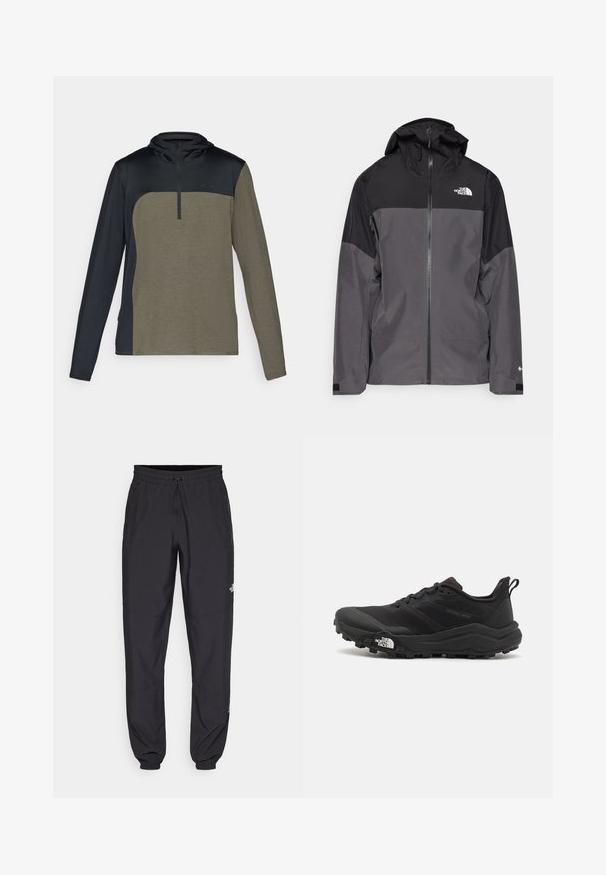 Grau wasserfeste Jacke mit schwarzem oberen Abschnitt, Reißverschluss vorne, verstellbarer Kapuze und elastischen Bündchen. Mit Logo auf der Brust und dem Ärmel.; Langärmliger Pullover mit einem halben Reißverschluss, der einen dunkelblauen oberen Bereich und einen khakifarbenen unteren Abschnitt aus einem strukturierten, atmungsaktiven Stoff präsentiert.; Schwarze Sporthosen aus leichtem Stoff, mit einem Kordelzugbund, seitlichen Taschen und schmal zulaufenden Bündchen an den Knöcheln.; Schwarzer Trailrunning-Schuh mit strukturiertem Obermaterial, Gummisohle und verstärkter Zehenkappe. Verfügt über einen gepolsterten Kragen und eine Ziehlasche für einfaches Anziehen.