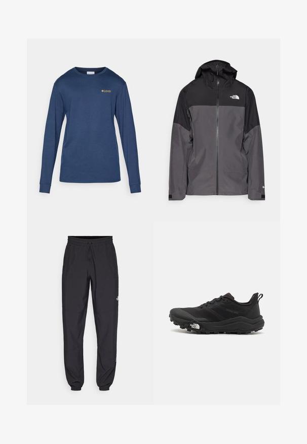 Jachetă impermeabilă gri, cu o secțiune superioară neagră, fermoar frontal, glugă ajustabilă și manșete elastice. Prezintă logo pe piept și pe mânecă.; Cămașă cu mânecă lungă de culoare bleumarin, fabricată dintr-un amestec de bumbac. Are un guler de tip crew și un mic logo brodat pe piept. Textură netedă.; Pantaloni atletici negri, confecționați dintr-un material ușor, cu un tiv elastic la talie, buzunare laterale și tivuri ajustate la gleznă.; Pantofii de alergare pe teren accidentat, de culoare neagră, cu un superior texturat, talpă din cauciuc și vârf întărit. Prezintă un guler căptușit și o bandă de prindere pentru îmbrăcare ușoară.