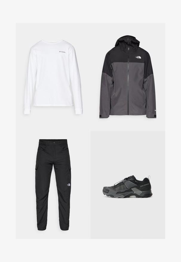Pilkas vandeniui atsparus švarkas su juodu viršutiniu įdėklu, užtrauktuku priekyje, reguliuojamu gaubtu ir elastingomis rankovėmis. Yra logotipas ant krūtinės ir rankovės.; Ilgas rankovėmis balta marškiniai pagaminti iš medvilnės, su apvaliu iškirpimu ir mažu juodu logotipu kairiajame krūtinės rajone.; The North Face HORIZON PANT - Lauko kelnės - black; Juodas bėgimo trail avalynė su patvariu tinkleliu, sustiprinta pado dalimi, tekstūruotu gumuotu padu ir elastingu raištelių sistema, užtikrinančia tvirtą prigludimą.