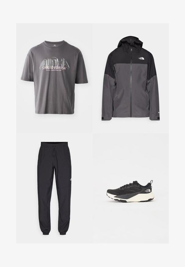 Pelēks ūdensnecaurlaidīgs mētelis ar melnu augšējo daļu, ar rāvējslēdzēja priekšpusi, regulējamu kapuci un elastīgām aprocēm. Iekļauj logotipu uz krūtīm un piedurknēm.; Pelēka kokvilnas T-kreklā ar īsām piedurknēm, ar spīdīgu "ALPHA STUDIO EDITION" logotipu multkrāsainos burtiem centrā priekšpusē.; Melni sporta bikses, kas izgatavotas no viegla auduma, ar savelcamu jostu, sānu kabatām un sašaurinātiem apakšējiem galiem pie potītēm.; Melna sporta kurpe ar teksturētu acs augšdaļu, cietiem melniem akcentiem un balto vieglo zoli. Iekļauj šņorēšanas aizdari un vilkšanas cilpu.