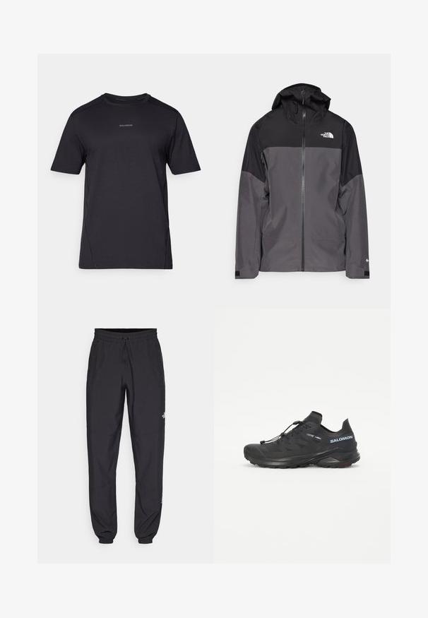 Šedá nepromokavá bunda s černou horní částí, zipem vpředu, nastavitelnou kapucí a elastickými manžetami. Na hrudi a rukávu je logo.; Černé sportovní tričko vyrobené z lehkého materiálu, s kulatým výstřihem, krátkými rukávy a decentním logem na hrudi.; Černé sportovní kalhoty vyrobené z lehké tkaniny, s páskem na šňůrku, bočními kapsami a zúženými manžetami na kotnících.; Černé trailové běžecké boty s texturovaným svrškem, elastickými šňůrkami a podrážkou Contagrip. Mají pevné padnutí a ochrannou špičku.