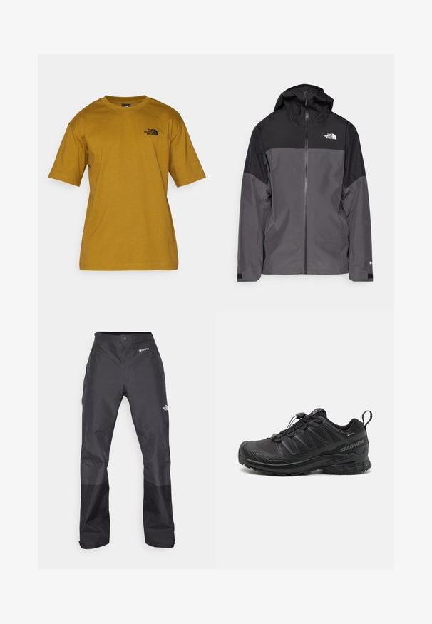 Pilkas vandeniui atsparus švarkas su juodu viršutiniu įdėklu, užtrauktuku priekyje, reguliuojamu gaubtu ir elastingomis rankovėmis. Yra logotipas ant krūtinės ir rankovės.; The North Face M SS ESSENTIAL OVERSIZE TEE - Marškinėliai su spaudiniu - moss green; Juodos vandeniui atsparios kelnės su lygiu paviršiumi, su GORE-TEX logotipu priekyje ir sustiprintomis apačiomis dėl ilgaamžiškumo.; Juodas sportinis batas su tekstūruotu sintetiniu apvalkalu, paminkštintu padu ir greito užrišimo sistema. Yra sustiprinta nosis ir kulnas.