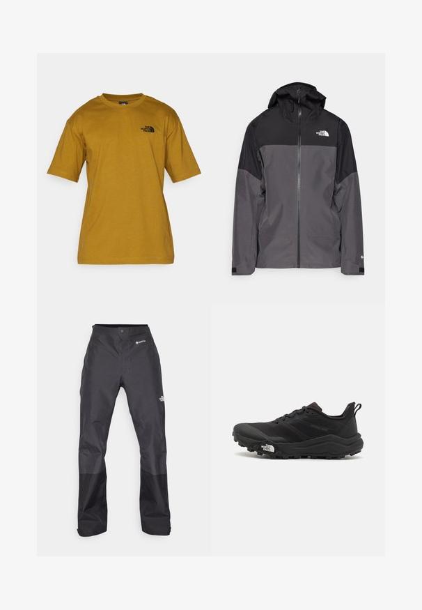 Casaco impermeável cinza com uma seção superior preta, fecho éclair à frente, capuz ajustável e punhos elásticos. Apresenta um logo no peito e na manga.; The North Face M SS ESSENTIAL OVERSIZE TEE - T-shirt estampada - moss green; Calças impermeáveis pretas com uma textura suave, apresentando um logotipo GORE-TEX na frente, e pernas inferiores reforçadas para maior durabilidade.; Sapatilha de trail running preta com um upper texturizado, sola de borracha e biqueira reforçada. Possui um colarinho acolchoado e uma alça para facilitar o calçar.