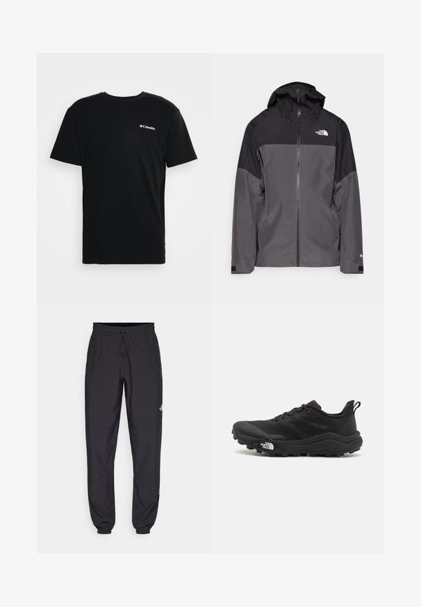 Hallide hall matroos jope, millel on must ülemine osa, lukuga esiosa, reguleeritav kapuuts ja elastsed varrukad. Selles on rinnal ja varrukal logo.; Mustvalge puuvillane t-särk lühikeste varrukatega ja ümmarguse kaelusega. Vasakul rinnal on väike valge Columbia logo. Pehme tekstuur.; Mustavad sportlikud püksid, mis on valmistatud kergest kangast, joonlauaga taljest, küljetaskudega ja kitsenevate varrukatega pahkluude juures.; Must tume jooksujalats musta värvi, tekstuurse ülemise osaga, kummist tallaga ja tugevdatud varbaga. Omab pehmendusega krae ja tõmblinti mugavaks selga panemiseks.