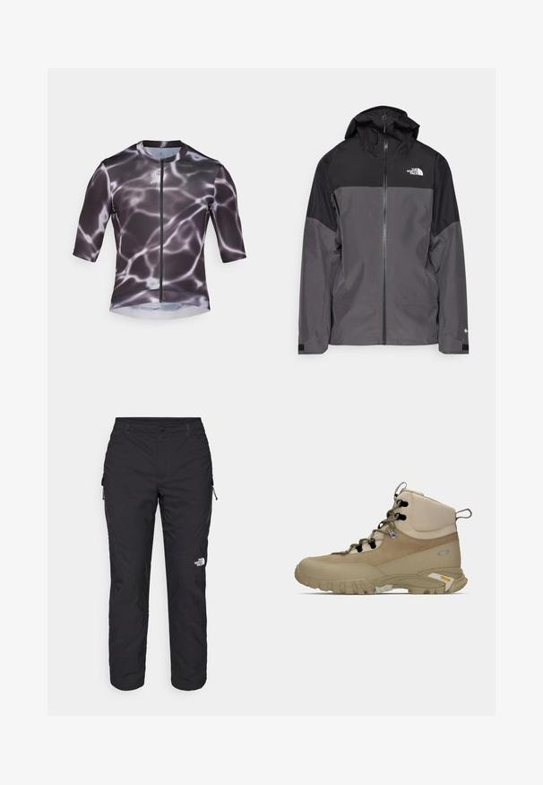 Chaqueta impermeable gris con sección superior negra, cierre frontal con cremallera, capucha ajustable y puños elásticos. Presenta un logo en el pecho y la manga.; Jersey de ciclismo de manga corta en negro y gris con un patrón de agua, con cremallera frontal y tejido liso y elástico.; The North Face WINTER EXPLORATION TAPERED CARGO - Pantalones montañeros largos - black; Botas de senderismo beige con tobillo alto, material de ante texturizado y tela, suela de goma resistente y cordones negros. Incluye la marca Vibram.