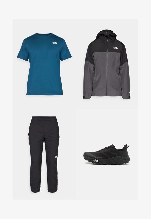 Pelēks ūdensnecaurlaidīgs mētelis ar melnu augšējo daļu, ar rāvējslēdzēja priekšpusi, regulējamu kapuci un elastīgām aprocēm. Iekļauj logotipu uz krūtīm un piedurknēm.; The North Face M SS BOX NSE TEE - Apdrukāts T-krekls - midnight petrol/red; The North Face WINTER EXPLORATION TAPERED CARGO - Āra bikses - black; Melnas taku skriešanas kurpes ar teksturētu virsu, gumijas zoli un pastiprinātu pirkstu daļu. Aprīkotas ar mīkstu apkakli un vilkšanas cilpu, lai viegli uzvilktu.