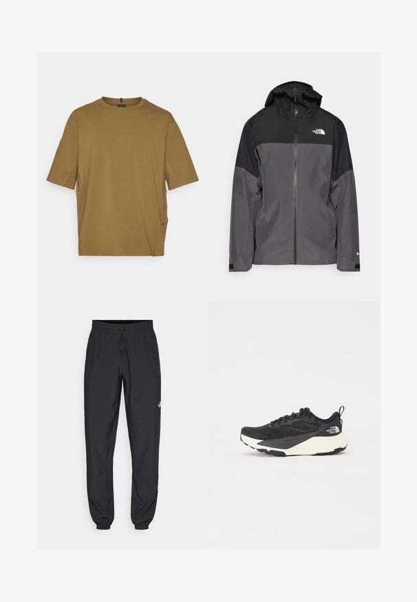 Gray waterproof jacket with a black upper section, zippered front, adjustable hood, and elastic cuffs. Features logo on chest and sleeve.; Short-sleeve, brown t-shirt made from soft fabric, featuring a round neckline and side slits for added comfort. Simple, unadorned design.; Black athletic pants made from lightweight fabric, featuring a drawstring waistband, side pockets, and tapered cuffs at the ankles.; Black athletic shoe with textured mesh upper, solid black accents, and white lightweight outsole. Features lace-up closure and pull tab.