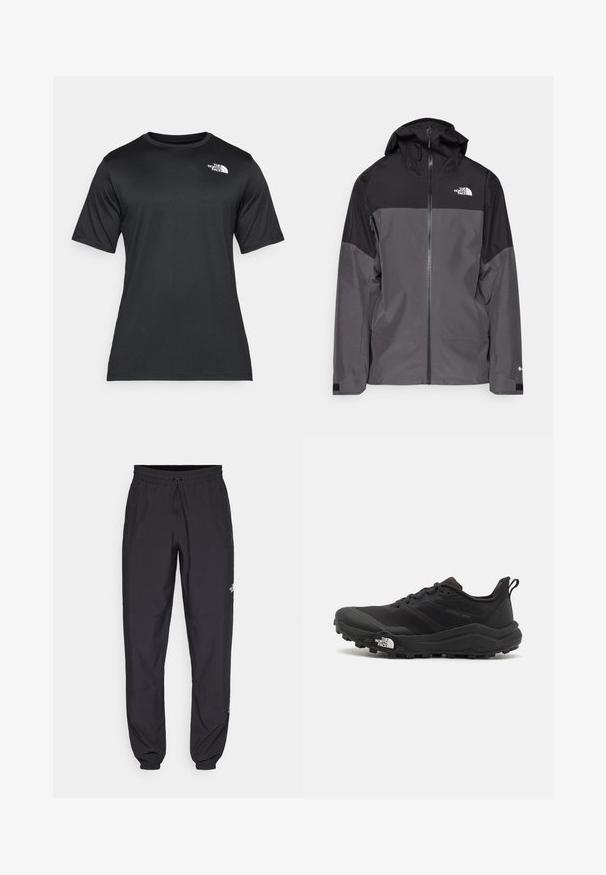 Chaqueta impermeable gris con sección superior negra, cierre frontal con cremallera, capucha ajustable y puños elásticos. Presenta un logo en el pecho y la manga.; Camiseta negra de manga corta, fabricada con un tejido ligero que absorbe la humedad. Cuenta con un logo blanco en el lado izquierdo del pecho y un cuello redondo.; Pantalones deportivos negros hechos de un tejido ligero, con una cinturilla ajustable, bolsillos laterales y puños ajustados en los tobillos.; Zapatilla de trail running negra con upper texturizado, suela de goma y puntera reforzada. Presenta un collar acolchado y una lengüeta para poner y quitar fácilmente.