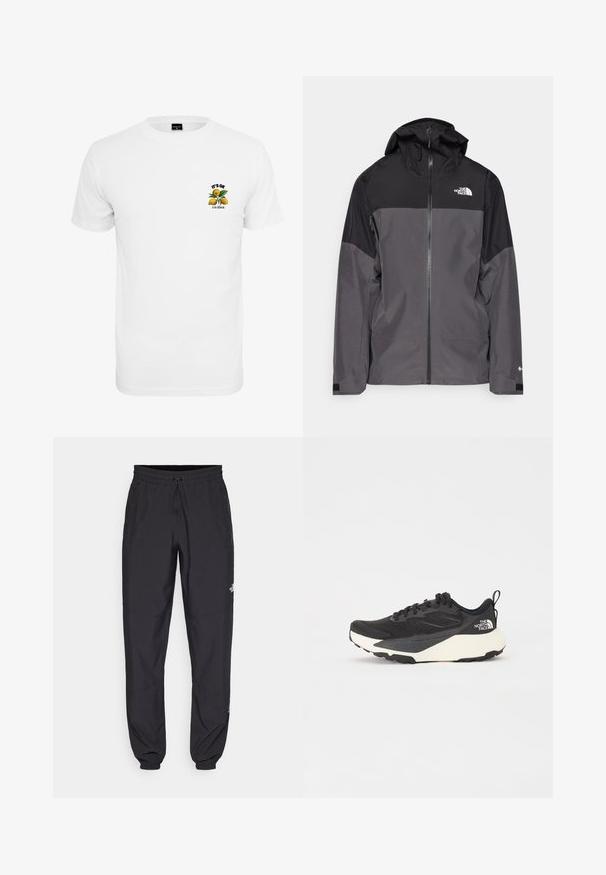 Pilkas vandeniui atsparus švarkas su juodu viršutiniu įdėklu, užtrauktuku priekyje, reguliuojamu gaubtu ir elastingomis rankovėmis. Yra logotipas ant krūtinės ir rankovės.; Balta medvilnė T-palaidinė su priekinio grafiko atvaizdu citrinų ir tekstu: "Normalu būti kitokiam." Klasikinis apvalus kaklas ir trumpomis rankovėmis.; Juodos sportinės kelnės, pagamintos iš lengvos medžiagos, su raišteliu liemens srityje, šoniniais kišenėmis ir siaurėjantys apykaklės prie kulkšnies.; Juodas sportinis batelis su tekstūruotu tinkleliu, solidžiai juodais akcentais ir lengvu baltu padu. Yra raištelių uždarymas ir trauktukas.