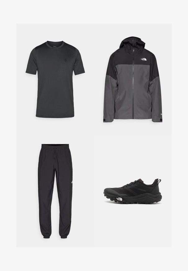 Grau wasserfeste Jacke mit schwarzem oberen Abschnitt, Reißverschluss vorne, verstellbarer Kapuze und elastischen Bündchen. Mit Logo auf der Brust und dem Ärmel.; Herren T-Shirt mit kurzen Ärmeln in Dunkelgrau, aus glattem Stoff gefertigt. Mit rundem Ausschnitt und kleinem Logo auf der Brust.; Schwarze Sporthosen aus leichtem Stoff, mit einem Kordelzugbund, seitlichen Taschen und schmal zulaufenden Bündchen an den Knöcheln.; Schwarzer Trailrunning-Schuh mit strukturiertem Obermaterial, Gummisohle und verstärkter Zehenkappe. Verfügt über einen gepolsterten Kragen und eine Ziehlasche für einfaches Anziehen.