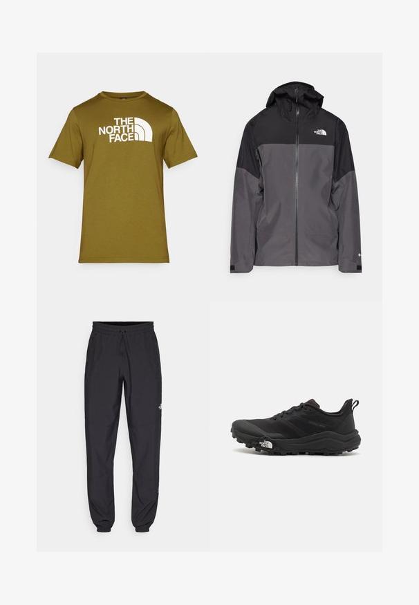 Grijze waterdichte jas met een zwart bovenstuk, een rits aan de voorkant, een verstelbare capuchon en elastische manchetten. Bevat logo op de borst en de mouw.; Olivengroene katoenen t-shirt met een witte logoprint van "THE NORTH FACE" en gebogen ontwerpelementen aan de voorkant. Ronde halslijn, korte mouwen.; Zwarte sportieve broek gemaakt van lichtgewicht stof, met een trekkoord in de taille, zijzakken en taps toelopende boorden bij de enkels.; Zwarte trailrunning schoen met een gestructureerde bovenkant, rubberen zool en versterkte neus. Voorzien van een gevoerde kraag en een trekhaak voor eenvoudig aan- en uittrekken.