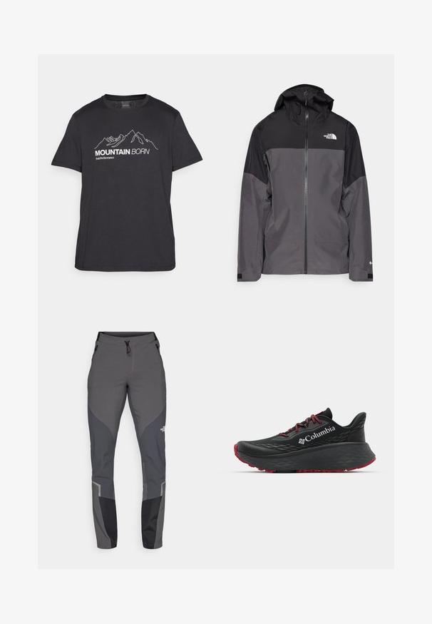 Chaqueta impermeable gris con sección superior negra, cierre frontal con cremallera, capucha ajustable y puños elásticos. Presenta un logo en el pecho y la manga.; Peak Performance EXPLORE GRAPHIC TEE - Camiseta estampada - black; Pantalones de senderismo grises con un diseño ajustado, múltiples bolsillos y acentos en gris oscuro y negro. Fabricados con un material flexible y duradero.; Zapatilla deportiva negra con parte superior texturizada, cordones rojos y logotipo. Suela gruesa con patrón de relieve para tracción. Diseño minimalista, vista lateral.
