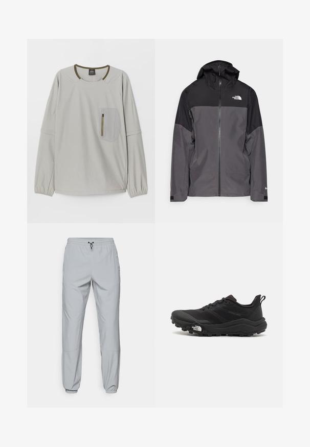 Giacca impermeabile grigia con sezione superiore nera, zip frontale, cappuccio regolabile e polsini elasticizzati. Presenta il logo sul petto e sulla manica.; Maglietta grigia chiara a maniche lunghe con scollatura tonda, polsini elasticizzati e tasca a toppa testurizzata con zip sul davanti.; The North Face WIND PANT - Pantaloni outdoor - monument grey; Scarpa da trail running nera con tomaia texture, suola in gomma e punta rinforzata. Presenta un collare imbottito e un tassello per un indossamento facile.