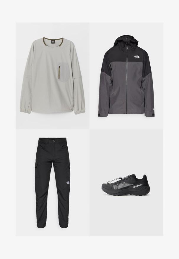 Hallide hall matroos jope, millel on must ülemine osa, lukuga esiosa, reguleeritav kapuuts ja elastsed varrukad. Selles on rinnal ja varrukal logo.; Heledhalli pikkade varrukatega topp ümmarguse kaeluse ja elastsete mansettidega, millel on tekstuuriga nööbiga tasku esiküljel.; The North Face HORIZON PANT - Õuepüksid - black; Must kergliikumise jooksujalats, millel on tekstureeritud võrkkate, peegeldavad aktsendid, pehmendusega tald ja elastne sidumisüsteem. Logo küljel.