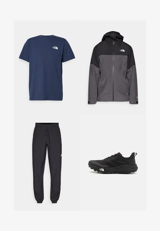 Pelēks ūdensnecaurlaidīgs mētelis ar melnu augšējo daļu, ar rāvējslēdzēja priekšpusi, regulējamu kapuci un elastīgām aprocēm. Iekļauj logotipu uz krūtīm un piedurknēm.; Tumši zila kokvilnas T-kreklā ar īsām piedurknēm un apaļu kakla izgriezumu. Ar mazu balto logotipu kreisajā krūtī. Gluda tekstūra.; Melni sporta bikses, kas izgatavotas no viegla auduma, ar savelcamu jostu, sānu kabatām un sašaurinātiem apakšējiem galiem pie potītēm.; Melnas taku skriešanas kurpes ar teksturētu virsu, gumijas zoli un pastiprinātu pirkstu daļu. Aprīkotas ar mīkstu apkakli un vilkšanas cilpu, lai viegli uzvilktu.
