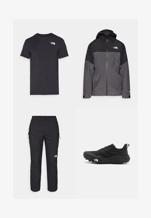 Szürke vízálló dzseki fekete felső résszel, cipzáros elülső rész, állítható kapucni és rugalmas mandzsetta. A mellkason és az ujjon logóval ellátva.; Fekete, rövid ujjú póló, puha anyagból készült, a bal felső részen egy kis fehér logóval. Klasszikus, kerek nyakú dizájn, normál fazonnal.; The North Face WINTER EXPLORATION TAPERED CARGO - Szabadtéri nadrágok - black; Fekete terepfutó cipő, textúrált felső résszel, gumitalppal és megerősített lábujjrészével. Párnázott bokarésszel és húzófüllel rendelkezik a könnyű felhúzáshoz.