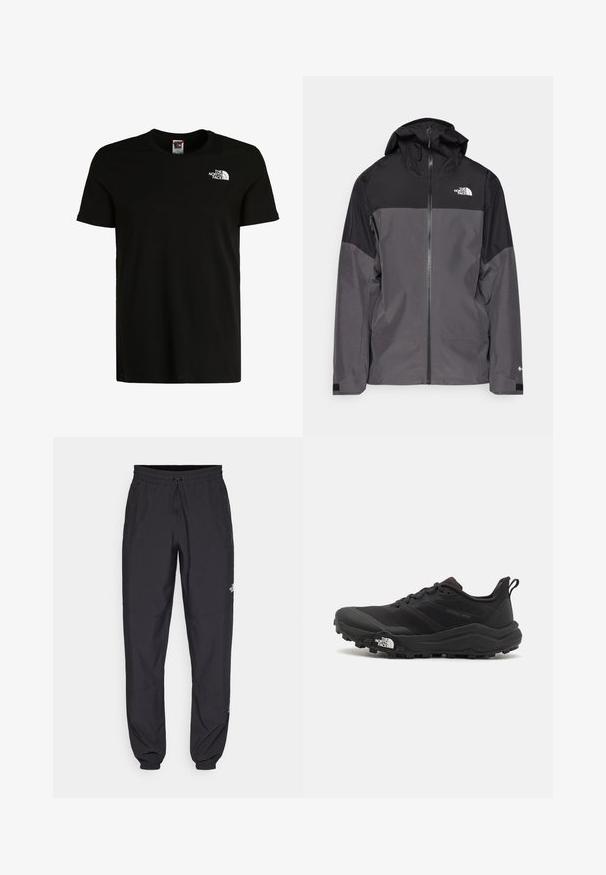 Šedá nepremokavá bunda s čiernou hornou časťou, so zipsom vpredu, nastaviteľnou kapucňou a elastickými manžetami. Obsahuje logo na hrudi a rukáve.; Čierne tričko s krátkym rukávom vyrobené z bavlny s okrúhlym výstrihom, s bielym logom na ľavej hrudi. Jednoduchý, nezdobený dizajn.; Čierne športové nohavice vyrobené z ľahkej tkaniny, s elastickým pásom na šnurovanie, bočnými vreckami a zúženými manžetami na členkoch.; Čierne trailové behacie topánky s štruktúrovaným zvrškom, gumovou podrážkou a vystuženou špičkou. Obsahuje polstrovaný golier a úchyt na jednoduché obúvanie.