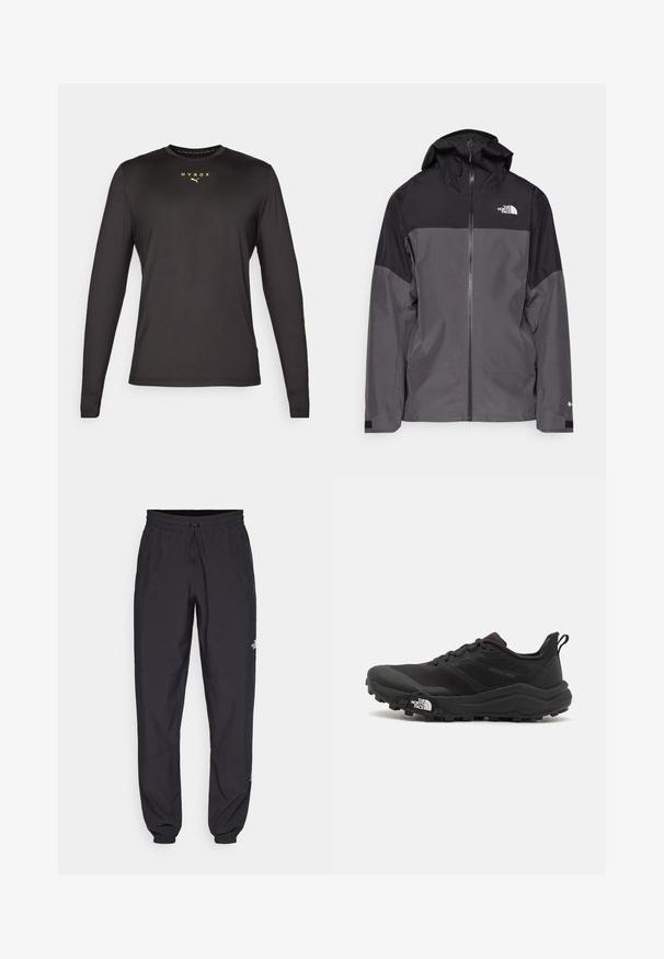 Jachetă impermeabilă gri, cu o secțiune superioară neagră, fermoar frontal, glugă ajustabilă și manșete elastice. Prezintă logo pe piept și pe mânecă.; Tricou negru cu mâneci lungi dintr-un material neted, având un guler rotund, logo-ul imprimat "HYROX" în galben fluorescent și o croială elegantă.; Pantaloni atletici negri, confecționați dintr-un material ușor, cu un tiv elastic la talie, buzunare laterale și tivuri ajustate la gleznă.; Pantofii de alergare pe teren accidentat, de culoare neagră, cu un superior texturat, talpă din cauciuc și vârf întărit. Prezintă un guler căptușit și o bandă de prindere pentru îmbrăcare ușoară.