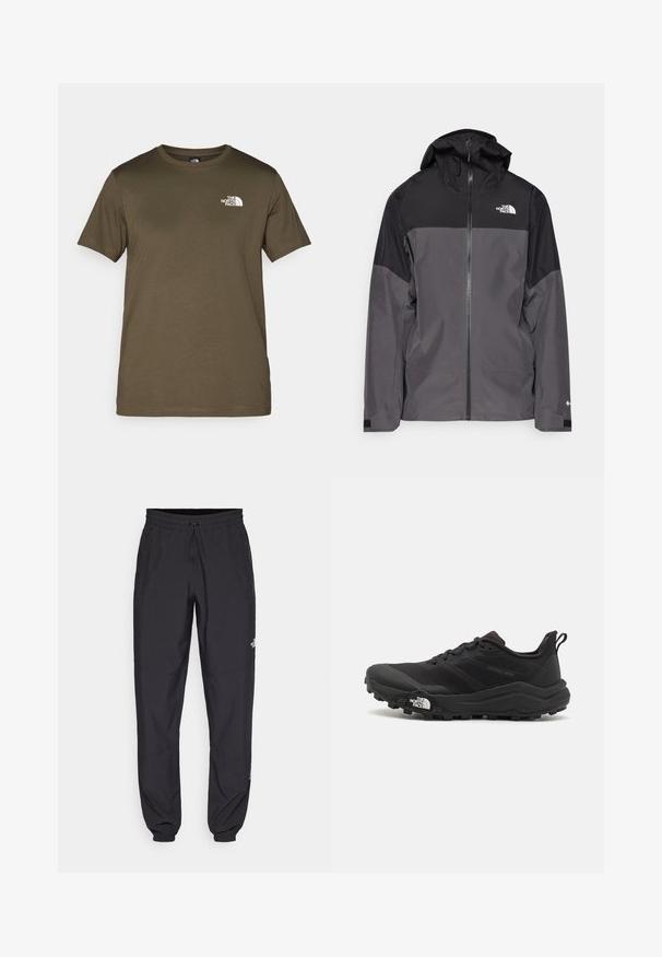 Šedá nepremokavá bunda s čiernou hornou časťou, so zipsom vpredu, nastaviteľnou kapucňou a elastickými manžetami. Obsahuje logo na hrudi a rukáve.; Olive zelené bavlnené tričko s krátkymi rukávmi, okrúhlym výstrihom a bielym logom na ľavej hrudi. Hladká textúra tkaniny, bežný strih.; Čierne športové nohavice vyrobené z ľahkej tkaniny, s elastickým pásom na šnurovanie, bočnými vreckami a zúženými manžetami na členkoch.; Čierne trailové behacie topánky s štruktúrovaným zvrškom, gumovou podrážkou a vystuženou špičkou. Obsahuje polstrovaný golier a úchyt na jednoduché obúvanie.