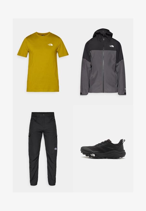 Šedá nepromokavá bunda s černou horní částí, zipem vpředu, nastavitelnou kapucí a elastickými manžetami. Na hrudi a rukávu je logo.; Krátký rukáv bavlněné tričko v hořčicově žluté barvě s bílou grafikou potisknutou na levé straně hrudi. Kulatý výstřih s běžným střihem a hladkou strukturou.; The North Face HORIZON PANT - Outdoorové kalhoty - black; Černé trailové běžecké boty s texturovaným svrškem, gumovou podrážkou a vyztuženou špičkou. Obsahují polstrovaný límec a poutko pro snadné obouvání.