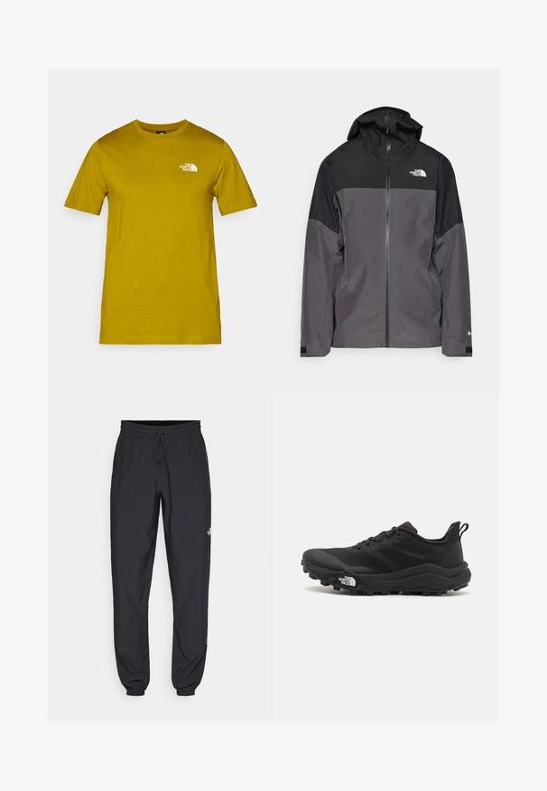 Gray waterproof jacket with a black upper section, zippered front, adjustable hood, and elastic cuffs. Features logo on chest and sleeve.; Short-sleeve cotton t-shirt in mustard yellow with a white logo printed on the left chest. Crew neck with a standard fit and smooth texture.; Black athletic pants made from lightweight fabric, featuring a drawstring waistband, side pockets, and tapered cuffs at the ankles.; Black trail running shoe with a textured upper, rubber sole, and reinforced toe cap. Features a padded collar and pull tab for easy wear.