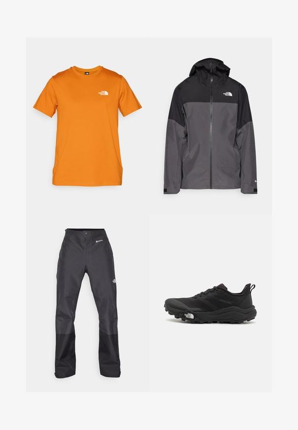 Grå vattentät jacka med svart övre del, dragkedja fram, justerbar huva och elastiska ärmslut. Har logotyp på bröstet och ärmen.; Orangefärgad kortärmad t-shirt av bomull, med en liten vit logotyp på vänster bröst. Rund halsringning och rak nederkant.; Svarta vattentäta byxor med en slät yta, med en GORE-TEX-logotyp på framsidan och förstärkta nedre ben för ökad hållbarhet.; Svart terränglöparsko med en strukturerad ovandel, gummisula och förstärkt tåhätta. Har en vadderad krage och en dragflik för enkel påtagning.
