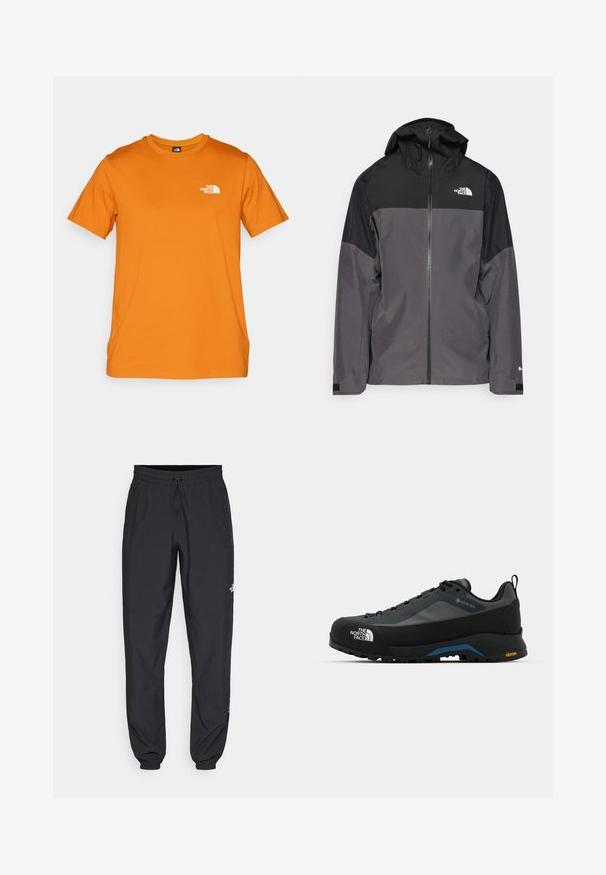 Hallide hall matroos jope, millel on must ülemine osa, lukuga esiosa, reguleeritav kapuuts ja elastsed varrukad. Selles on rinnal ja varrukal logo.; Kortsleeve oranž t-särk, mis on valmistatud puuvillast, millel on vasakul rinnal väike valge logo. Ümmargune kaelus ja sirge äär.; Mustavad sportlikud püksid, mis on valmistatud kergest kangast, joonlauaga taljest, küljetaskudega ja kitsenevate varrukatega pahkluude juures.; The North Face VERTO ALPINE GORE TEX - Matkajalatsid - asphalt grey/tnf black