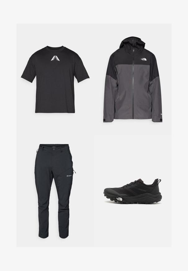 Giacca impermeabile grigia con sezione superiore nera, zip frontale, cappuccio regolabile e polsini elasticizzati. Presenta il logo sul petto e sulla manica.; T-shirt nero a maniche corte realizzato in tessuto leggero, con un logo a triangolo bianco sul davanti, colletto rotondo classico e vestibilità rilassata.; Pantaloni da esterno neri, leggeri, con vita elasticizzata, tasche laterali con zip e un logo sulla coscia sinistra. Tessuto liscio e durevole.; Scarpa da trail running nera con tomaia texture, suola in gomma e punta rinforzata. Presenta un collare imbottito e un tassello per un indossamento facile.