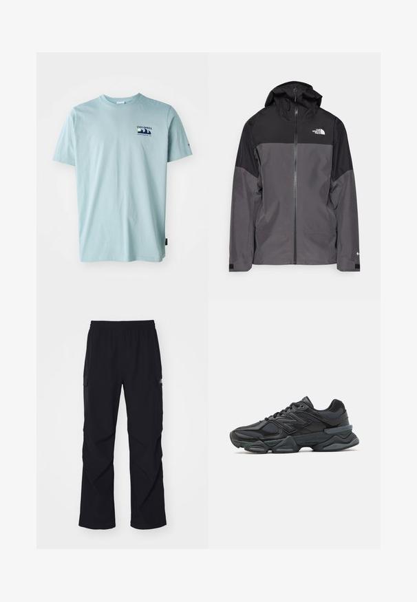 Gray waterproof jacket with a black upper section, zippered front, adjustable hood, and elastic cuffs. Features logo on chest and sleeve.; Columbia EXPLORERS CANYON BACK TEE - Print T-shirt - crushed blue; Black cargo pants made of lightweight material, featuring an elastic waistband, side pockets, and a straight leg design.; Black running shoe featuring a mix of mesh and synthetic materials, chunky sole, curved design, and prominent branding on the side.