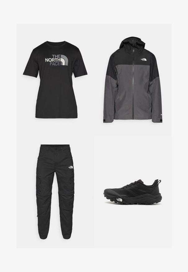 Pilkas vandeniui atsparus švarkas su juodu viršutiniu įdėklu, užtrauktuku priekyje, reguliuojamu gaubtu ir elastingomis rankovėmis. Yra logotipas ant krūtinės ir rankovės.; Juodas trumpomis rankovėmis marškinėliai, pagaminti iš medvilnės, su ryškiu pilku ir baltu logotipu priekyje. Laisva forma su apvalia iškirpte.; The North Face EXPLORATION TAPERED CONVERTIBLE  - Lauko kelnės - black; Juoda bėgimo batai su tekstūruotu paviršiumi, guma padais ir sustiprinta pirštų dalimi. Yra paminkštinta apykaklė ir kilpos, leidžiančios lengvai užsidėti.