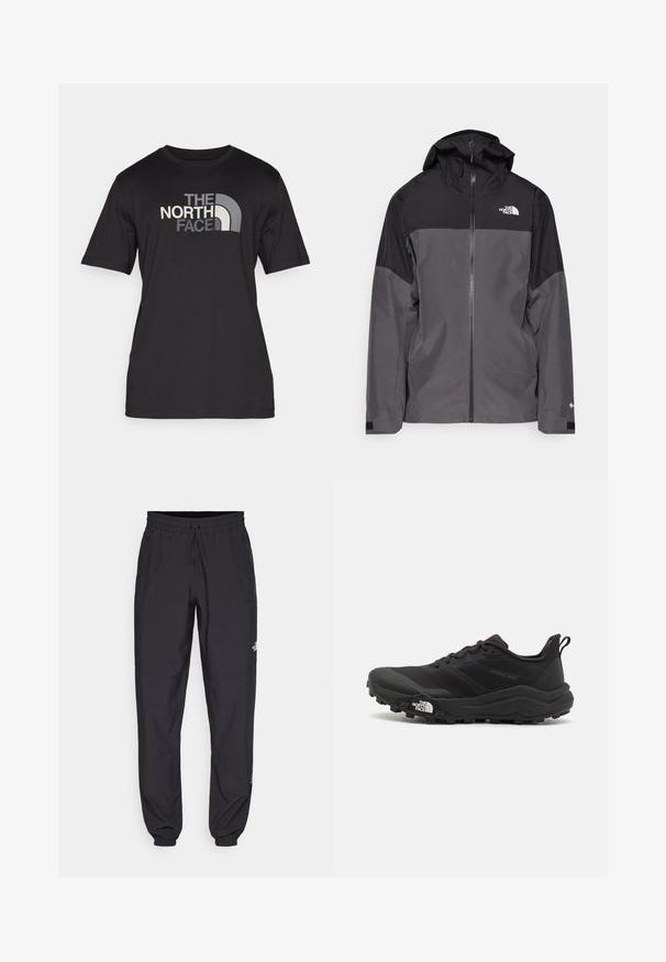 Hallide hall matroos jope, millel on must ülemine osa, lukuga esiosa, reguleeritav kapuuts ja elastsed varrukad. Selles on rinnal ja varrukal logo.; Must ülekaalus lühikeste varrukatega must T-särk, mis on valmistatud puuvillast, eeseel pool toob välja silmapaistva halli ja valge logo. Lõõgas sobivus koos ümarate kaelusmustriga.; Mustavad sportlikud püksid, mis on valmistatud kergest kangast, joonlauaga taljest, küljetaskudega ja kitsenevate varrukatega pahkluude juures.; Must tume jooksujalats musta värvi, tekstuurse ülemise osaga, kummist tallaga ja tugevdatud varbaga. Omab pehmendusega krae ja tõmblinti mugavaks selga panemiseks.