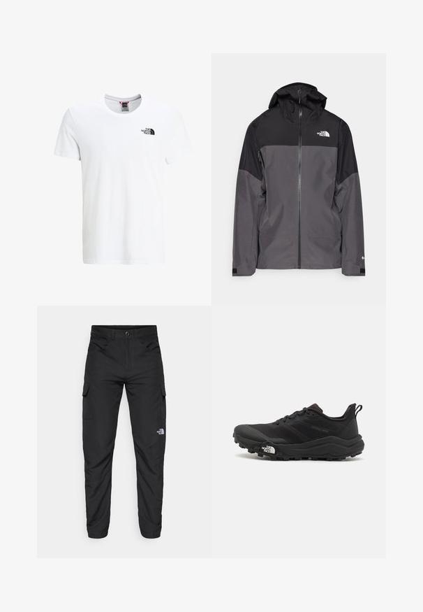Pilkas vandeniui atsparus švarkas su juodu viršutiniu įdėklu, užtrauktuku priekyje, reguliuojamu gaubtu ir elastingomis rankovėmis. Yra logotipas ant krūtinės ir rankovės.; Balta medvilninė marškinėliai trumpomis rankovėmis, apvaliu iškirpimu ir mažas juodas logotipas kairėje krūtinės pusėje. Lygus paviršius, laisvas kirpimas.; The North Face HORIZON PANT - Lauko kelnės - black; Juoda bėgimo batai su tekstūruotu paviršiumi, guma padais ir sustiprinta pirštų dalimi. Yra paminkštinta apykaklė ir kilpos, leidžiančios lengvai užsidėti.