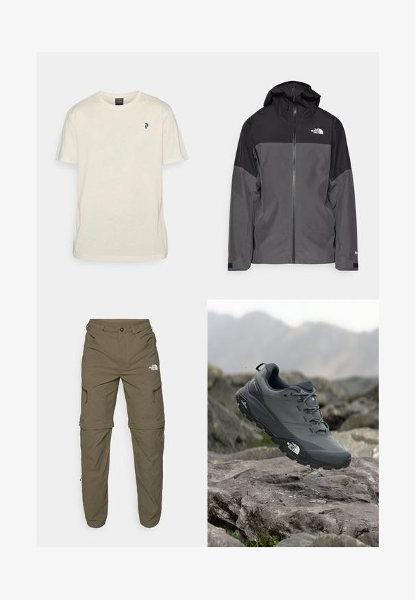 Szara wodoodporna kurtka z czarną górną częścią, zapinana na zamek, z regulowanym kapturem i elastycznymi mankietami. Posiada logo na klatce piersiowej i rękawie.; Peak Performance EXPLORE beżowy; The North Face EXPLORATION khaki; Szare buty do biegania w terenie z teksturową cholewką, trwałą gumową podeszwą i wzmocnionym noskiem. Posiadają sznurowadła oraz logo marki z boku.