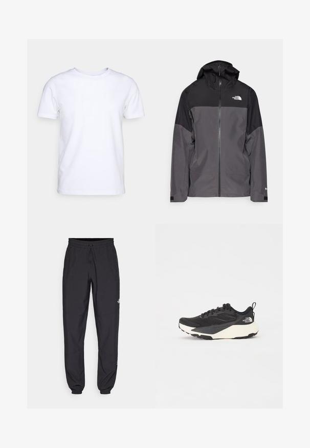 Grå vandtæt jakke med en sort overdel, lynlås foran, justerbar hætte og elastiske manchetter. Har logo på brystet og ærmet.; Hvid kortærmet t-shirt i bomuldsstof med rund halsudskæring. Enkel design uden mønstre eller detaljer. Glat tekstur.; Sorte atletiske bukser lavet af letvægtsstof, med en snor i taljen, sidelommer og tapered manchetter ved anklerne.; Sort sportsko med struktureret mesh-overdel, solide sorte detaljer og hvid letvægts sål. Har snørebåndslukning og trækstrop.