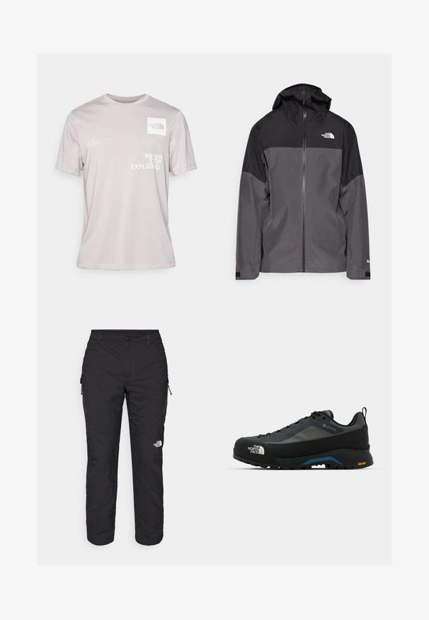 Hallide hall matroos jope, millel on must ülemine osa, lukuga esiosa, reguleeritav kapuuts ja elastsed varrukad. Selles on rinnal ja varrukal logo.; Heled halli puuvillane t-särk lühikeste varrukatega, millel on logo vasakul rinnal ja trükitud tekst: "ÄRA KUNAGI KATKESTAGE UURIMIST," ning koordinaadid.; The North Face WINTER EXPLORATION TAPERED CARGO - Õuepüksid - black; The North Face VERTO ALPINE GORE TEX - Matkajalatsid - asphalt grey/tnf black