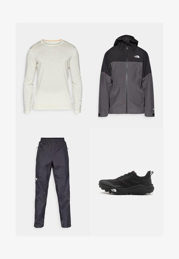 Gray waterproof jacket with a black upper section, zippered front, adjustable hood, and elastic cuffs. Features logo on chest and sleeve.; Long-sleeve shirt in cream color, featuring a round neckline with orange stitching and smooth texture. Simple design without additional patterns.; Black waterproof pants made from lightweight, textured material. Features an elastic waistband and zipper pockets.; Black trail running shoe with a textured upper, rubber sole, and reinforced toe cap. Features a padded collar and pull tab for easy wear.