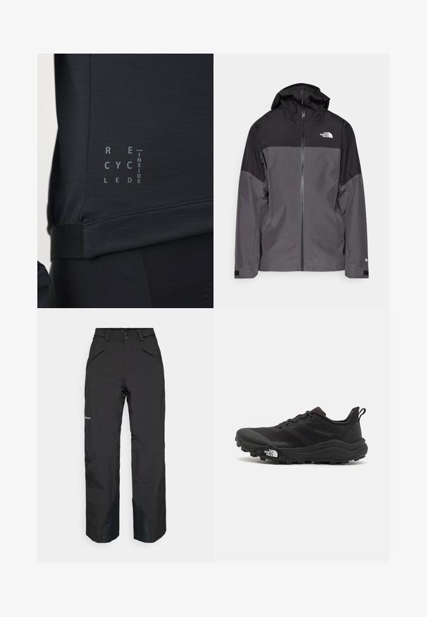 Gray waterproof jacket with a black upper section, zippered front, adjustable hood, and elastic cuffs. Features logo on chest and sleeve.; Black athletic top featuring a smooth texture, elastic waistband, and text graphic stating "RECYCLED INSIDE" in contrasting gray.; Black waterproof pants with a straight cut, featuring zipped pockets, reinforced hem accents, and a smooth textured finish.; Black trail running shoe with a textured upper, rubber sole, and reinforced toe cap. Features a padded collar and pull tab for easy wear.