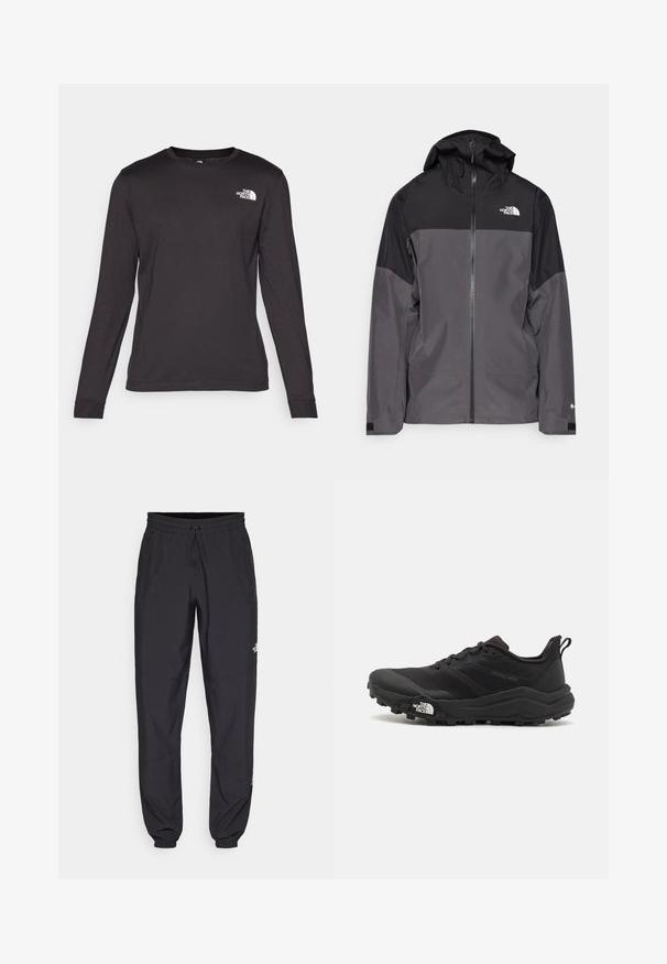 Šedá nepromokavá bunda s černou horní částí, zipem vpředu, nastavitelnou kapucí a elastickými manžetami. Na hrudi a rukávu je logo.; Černé tričko s dlouhým rukávem vyrobené z měkké bavlny, s kulatým výstřihem a malým bílým logem na levé horní straně. Hladká textura.; Černé sportovní kalhoty vyrobené z lehké tkaniny, s páskem na šňůrku, bočními kapsami a zúženými manžetami na kotnících.; Černé trailové běžecké boty s texturovaným svrškem, gumovou podrážkou a vyztuženou špičkou. Obsahují polstrovaný límec a poutko pro snadné obouvání.