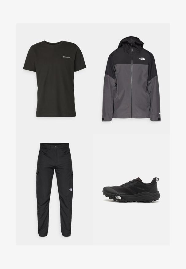 Gray waterproof jacket with a black upper section, zippered front, adjustable hood, and elastic cuffs. Features logo on chest and sleeve.; Columbia RAPID RIDGE™ BACK GRAPHIC TEE  - Print T-shirt - black; The North Face HORIZON PANT - Outdoor trousers - black; Black trail running shoe with a textured upper, rubber sole, and reinforced toe cap. Features a padded collar and pull tab for easy wear.