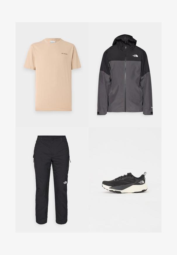 Chaqueta impermeable gris con sección superior negra, cierre frontal con cremallera, capucha ajustable y puños elásticos. Presenta un logo en el pecho y la manga.; Camiseta de manga corta color beige hecha de tela suave, con un cuello redondo y un pequeño logo negro en el lado izquierdo del pecho. Diseño simple.; The North Face WINTER EXPLORATION TAPERED CARGO - Pantalones montañeros largos - black; Zapatilla deportiva negra con parte superior de malla texturizada, acentos en negro sólido y suela ligera blanca. Presenta cierre de cordones y tirador.