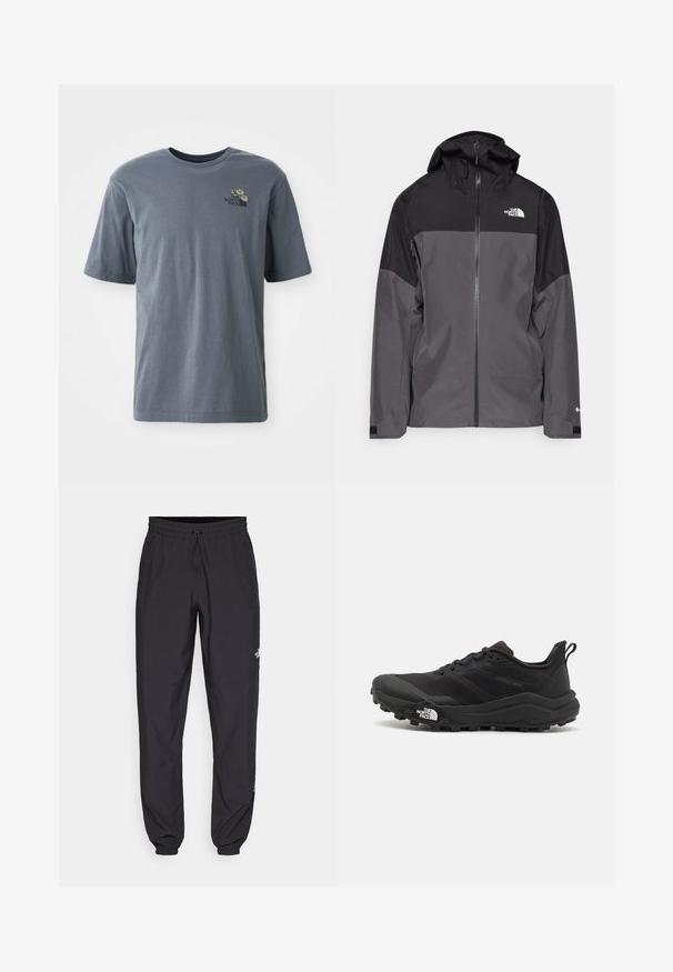 Szara wodoodporna kurtka z czarną górną częścią, zapinana na zamek, z regulowanym kapturem i elastycznymi mankietami. Posiada logo na klatce piersiowej i rękawie.; Szara koszulka z krótkim rękawem wykonana z bawełny, z małym haftowanym logo i kwiatowym wzorem na lewej stronie klatki piersiowej.; Czarne spodenki sportowe wykonane z lekkiego materiału, z elastycznym pasem na sznurek, bocznymi kieszeniami i zwężanymi mankietami przy kostkach.; Czarne buty do biegania w terenie z teksturowaną cholewką, gumową podeszwą i wzmocnionym noskiem. Posiadają wyściełany kołnierz oraz uchwyt do łatwego zakładania.