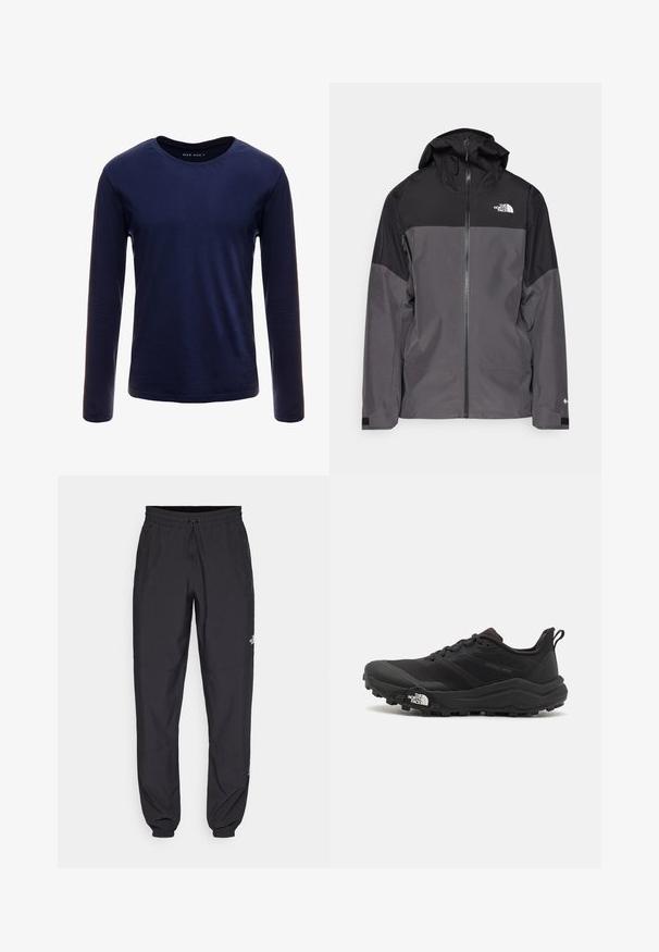 Siva vodoodbojna jakna z črnim zgornjim delom, zadrgo spredaj, nastavljivo kapuco in elastičnimi manšetami. Ima logotip na prsih in rokavih.; Mornarska majica s dolgimi rokavi iz mehkega bombaža, ki se ponaša s klasičnim okroglim izrezom in gladko teksturo brez vidnih vzorcev ali dodatkov.; Črne atletske hlače iz lahkega materiala, ki imajo elastični pas z vezalko, stranske žepe in zožene manšete na gležnjih.; Črne tekaške čevlje za trail s teksturirano zgornjega dela, gumijastim podplatom in ojačanim zaključkom prstov. Vključuje oblazinjen ovratnik in zanko za enostavno obuvanje.